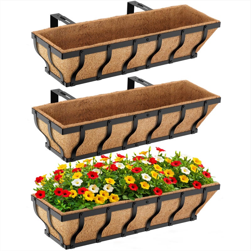 VOXOR Railing Planter Boxes, Heavy Duty Window Box Planters, Adjustable Balcony Planters for Railing Hanging, with Coco Liner & Support Rod for Deck, Porch, and Patio Gardening (3 Pack, 24 Inch) - Image 1