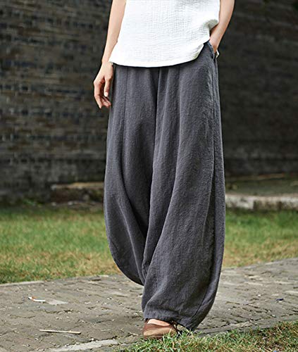 IXIMO Women's Casual Cotton Linen Baggy Pants with Elastic Waist Relax Fit Lantern Trousers Gray M - Image 2