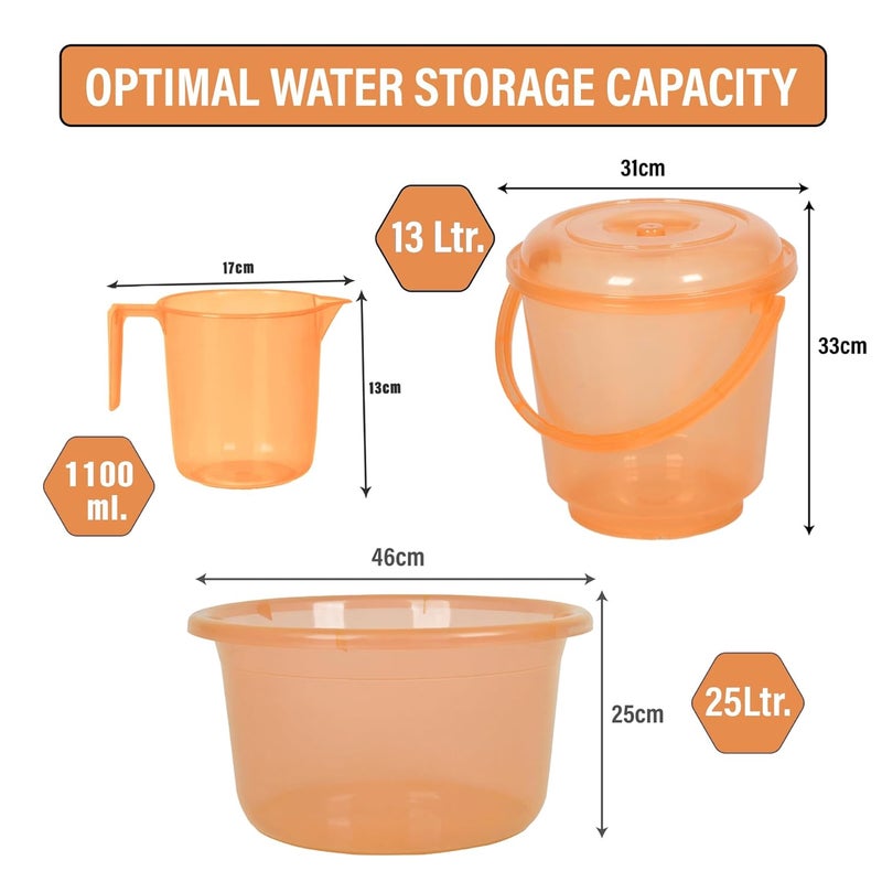 Urbane Home Urbane Home Set of 9 Bathroom Combo Set 3 Piece Tub25 L with 3 Piece Bucket13 L 3 Piece Mug1100 ml Bathing Set Bathroom Accessories Set Bathroom Set Transparent Orange  - Image 3