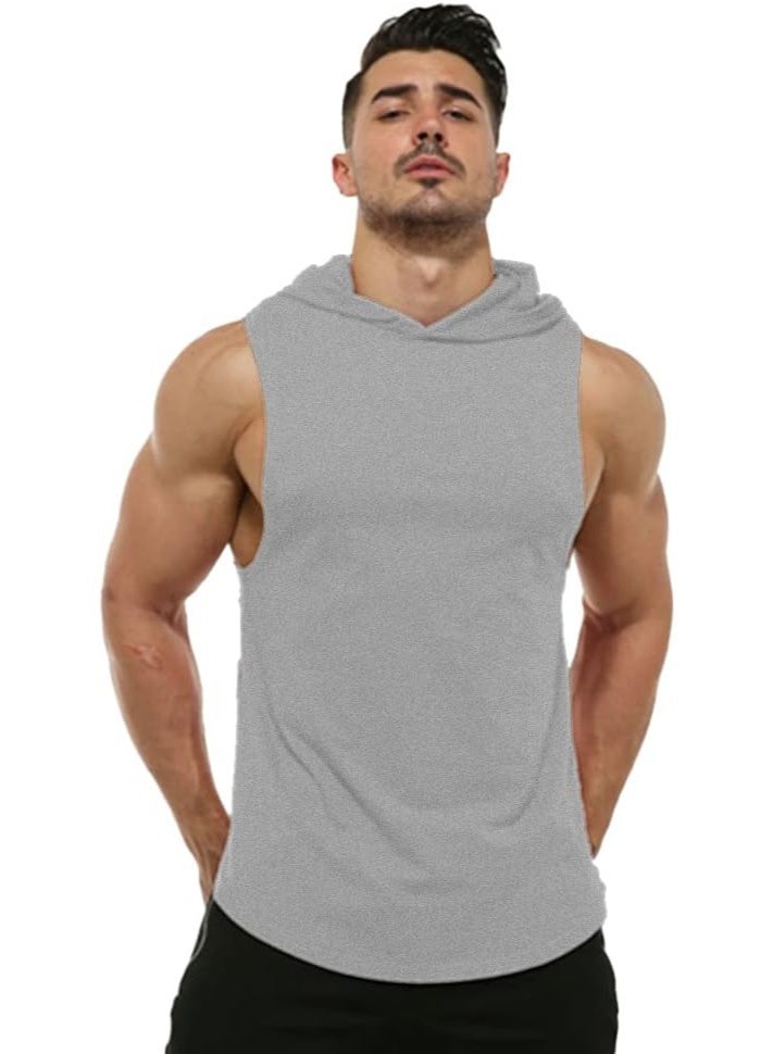 Men's Workout Hooded Tank Tops Sleeveless Gym Training Hoodies Bodybuilding Muscle Cut Off T Shirt