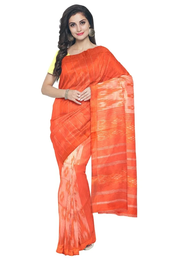 Parinita Sarees ساري قطني برتقالي زاهي للنساء