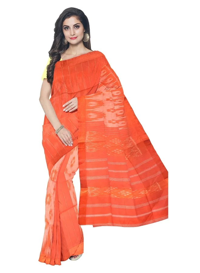 Parinita Sarees ساري قطني برتقالي زاهي للنساء