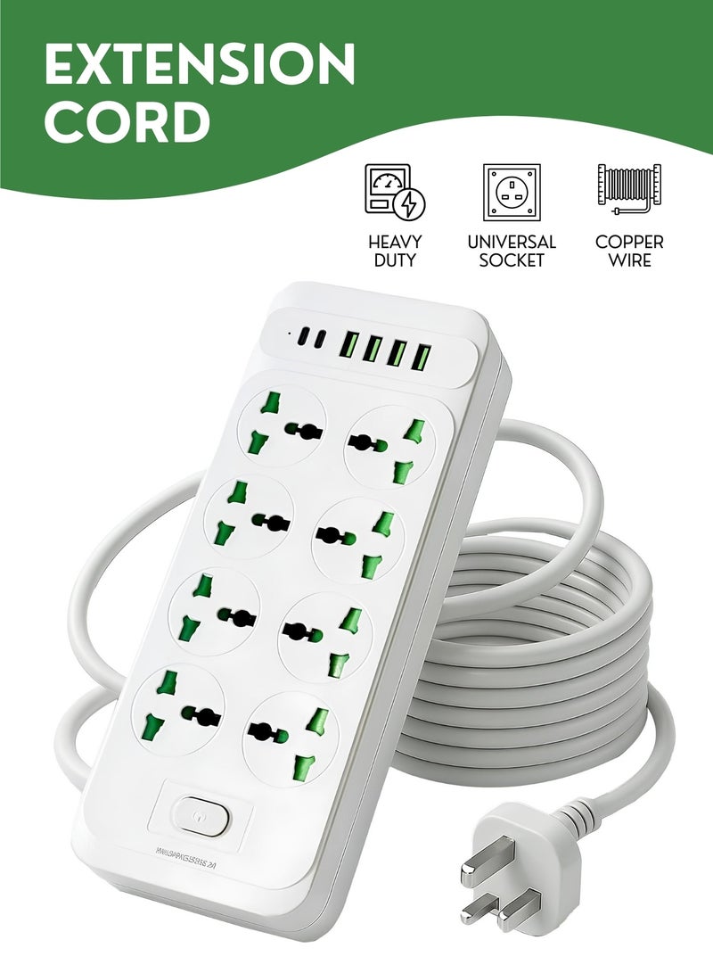 Zefzon 2 Meter Universal Extension Cord Board Power Strip, 8 Outlet Multi Plug Power Extension Socket, 4 USB & 2 Type-C, Heavy Duty Cord Extension Cable for Home, Kitchen, Office and Travel - Image 1