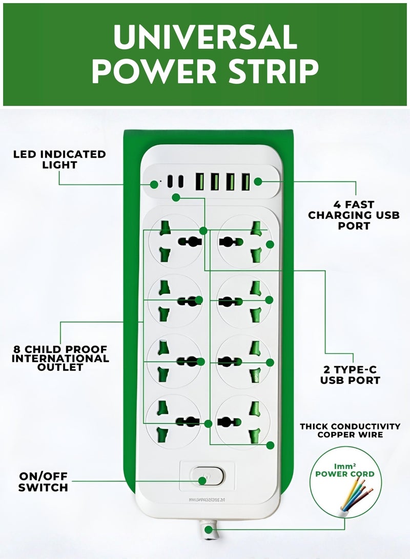 Zefzon 2 Meter Universal Extension Cord Board Power Strip, 8 Outlet Multi Plug Power Extension Socket, 4 USB & 2 Type-C, Heavy Duty Cord Extension Cable for Home, Kitchen, Office and Travel - Image 2