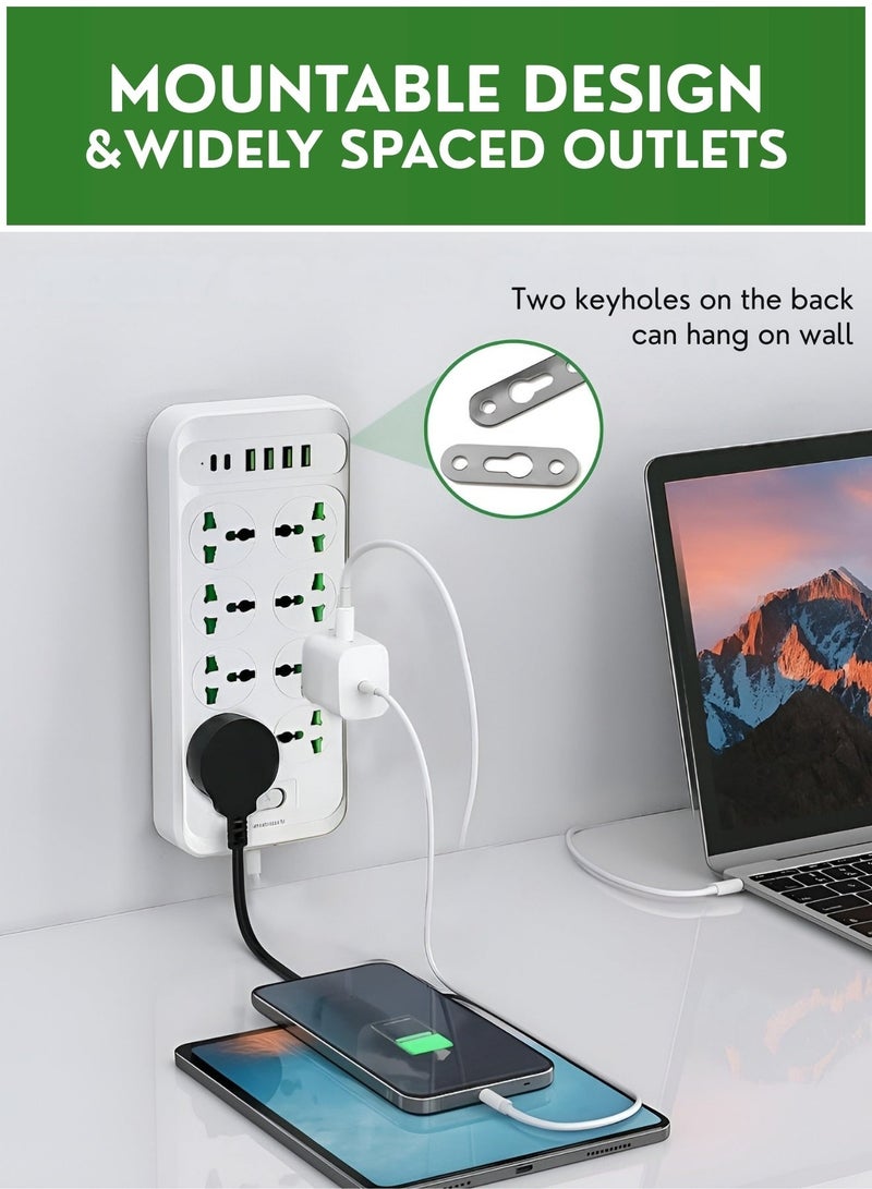 Zefzon 2 Meter Universal Extension Cord Board Power Strip, 8 Outlet Multi Plug Power Extension Socket, 4 USB & 2 Type-C, Heavy Duty Cord Extension Cable for Home, Kitchen, Office and Travel - Image 5