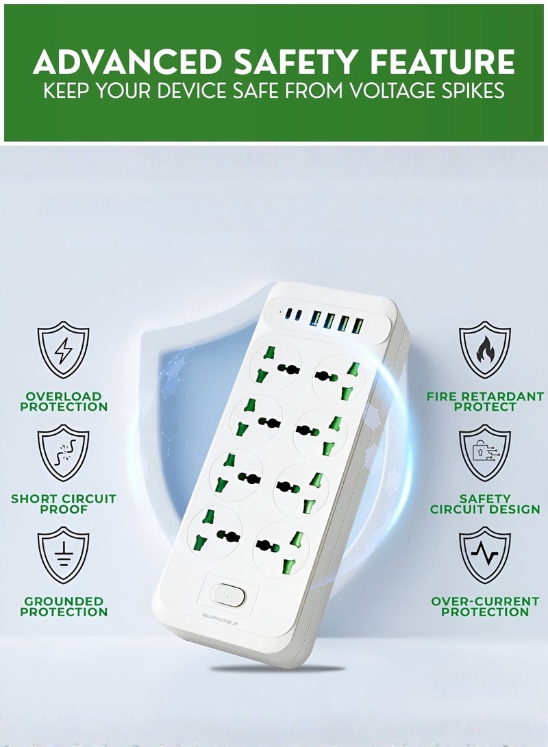 Zefzon 2 Meter Universal Extension Cord Board Power Strip, 8 Outlet Multi Plug Power Extension Socket, 4 USB & 2 Type-C, Heavy Duty Cord Extension Cable for Home, Kitchen, Office and Travel - Image 4