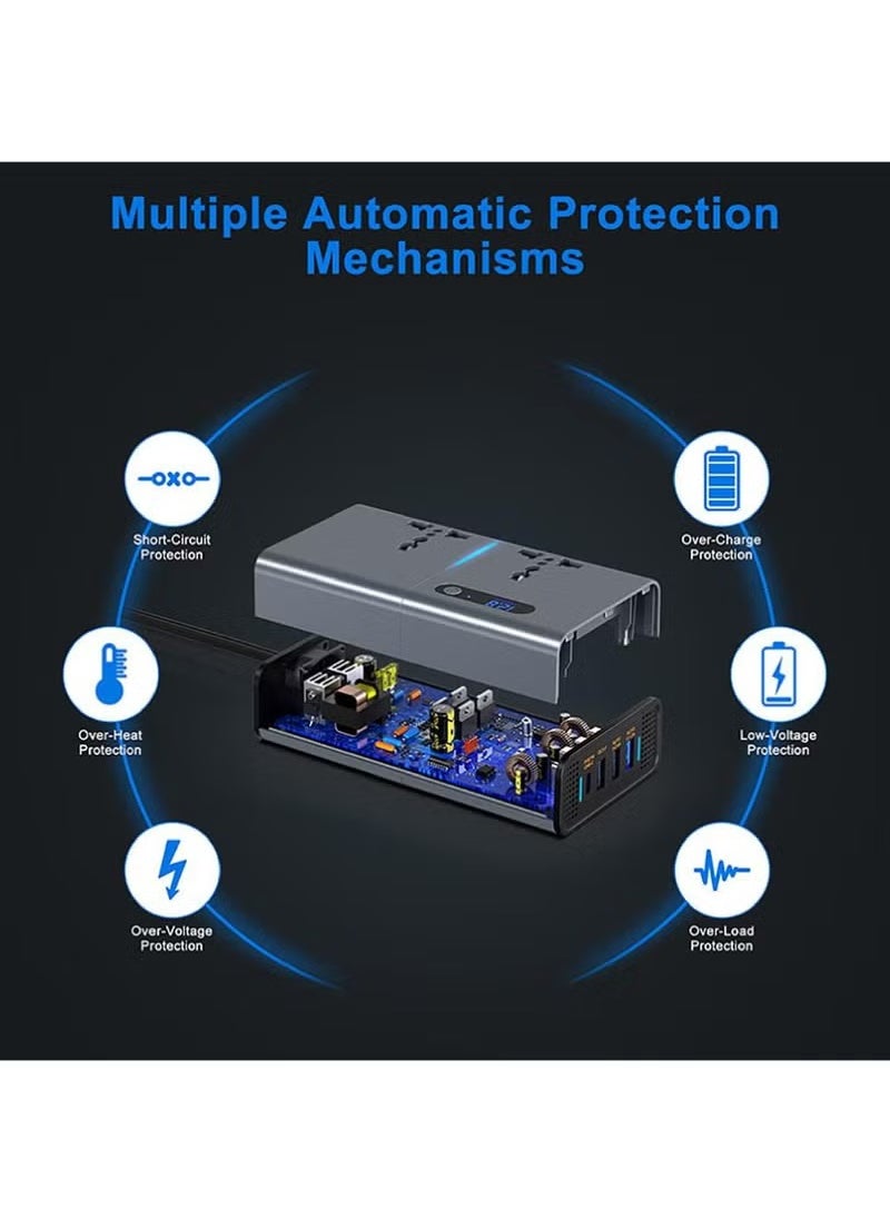 Generic 200W Car Power Inverter DC 12/24V to 220V AC Car Inverter 3 USB 1 Type-C Ports Charger Adapter Car Plug Converter with Switch and Current LED Screen Suitable for Cars SUV & Truck  - Image 4