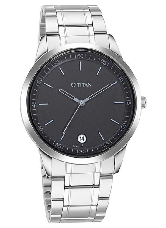 TITAN ساعة تيتان كلاسيك أنالوج بقرص دائري أسود وحزام معدني فضي للرجال-1806SM02 - Image 1