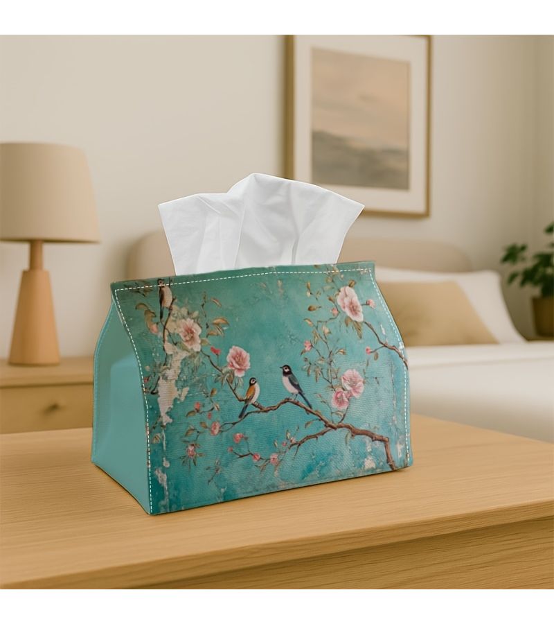 1PC Vintage Oriental Chinoiserie Tissue Box Napkin Dispenser Durable Polyester Bird Branch Flower Decor 7x4.3x5.1 Inches For Living Room Holiday Home Party Supply - Image 1