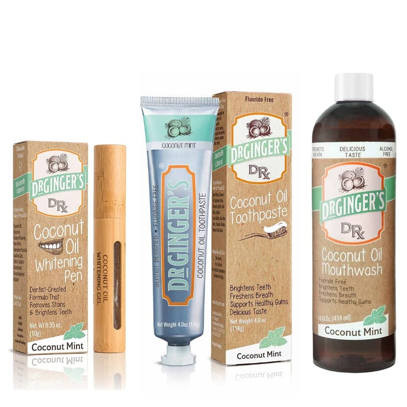 Doctor Ginger's Dr. Ginger's Coconut Oil Teeth Whitening 3pc Bundle, All-Natural Toothpaste (4oz), Mouthwash (14fl oz) & Whitening Pen (.35oz), Pearly White Oral Care & Enamel-Safe for Fresh Breath, Coconut Mint