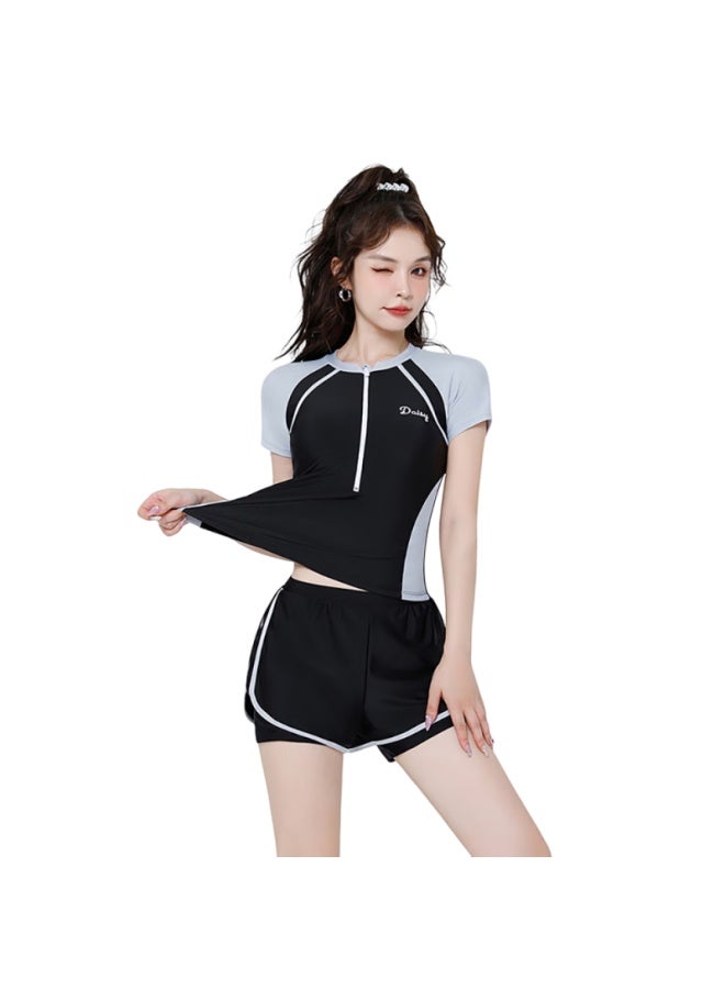 F.dyraa Women's High-end Two-piece Swimsuit, Short-sleeved, Conservative, Slimming, For Hot Springs And Swimming Pools, Four-piece Set, 12034 Black And Gray, 2XL - Image 5