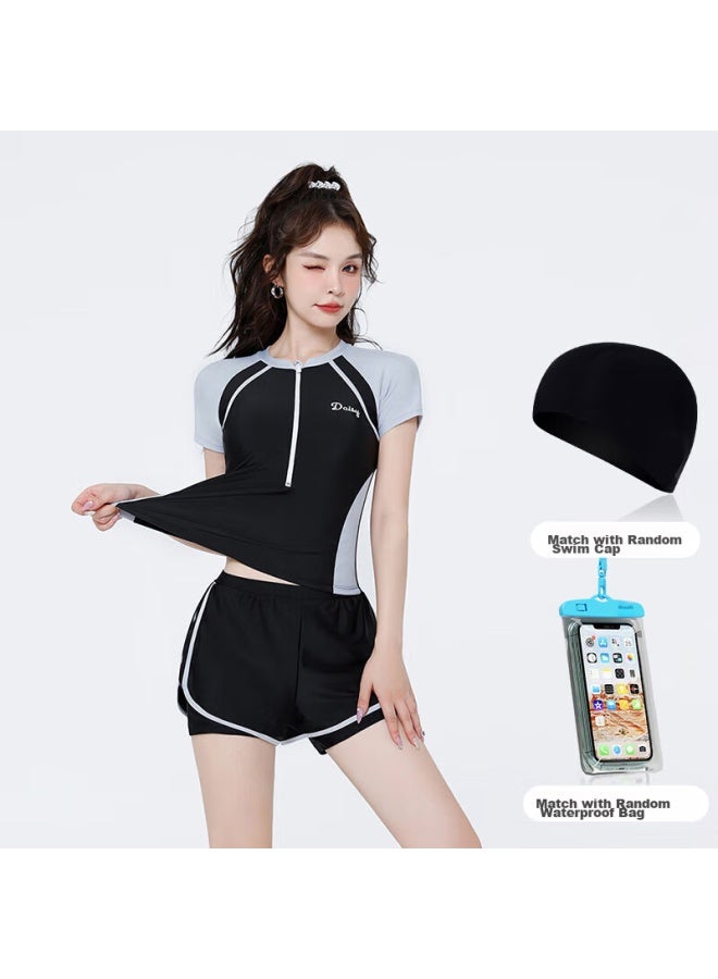 F.dyraa Women's High-end Two-piece Swimsuit, Short-sleeved, Conservative, Slimming, For Hot Springs And Swimming Pools, Four-piece Set, 12034 Black And Gray, 2XL - Image 1