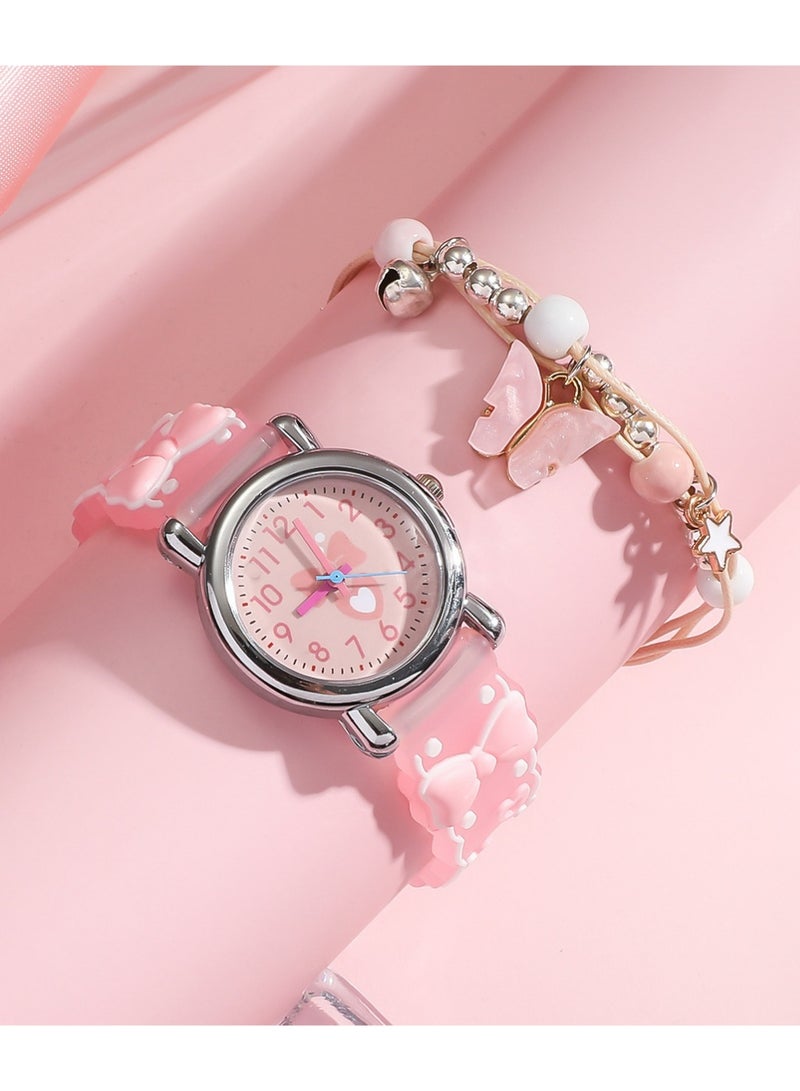 بولوز ساعة القوس الوردي لطيفة للأطفال مع سوار - تصميم تناظري سهل القراءة مع رقم القلب - ساعة أزياء البنات - Image 1