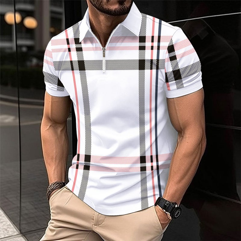 2024 Cross-border Summer Quick Sale Amazon Mens Printed Plaid Striped POLO Shirt Zipper Sport Polo Shirt White  - Image 3