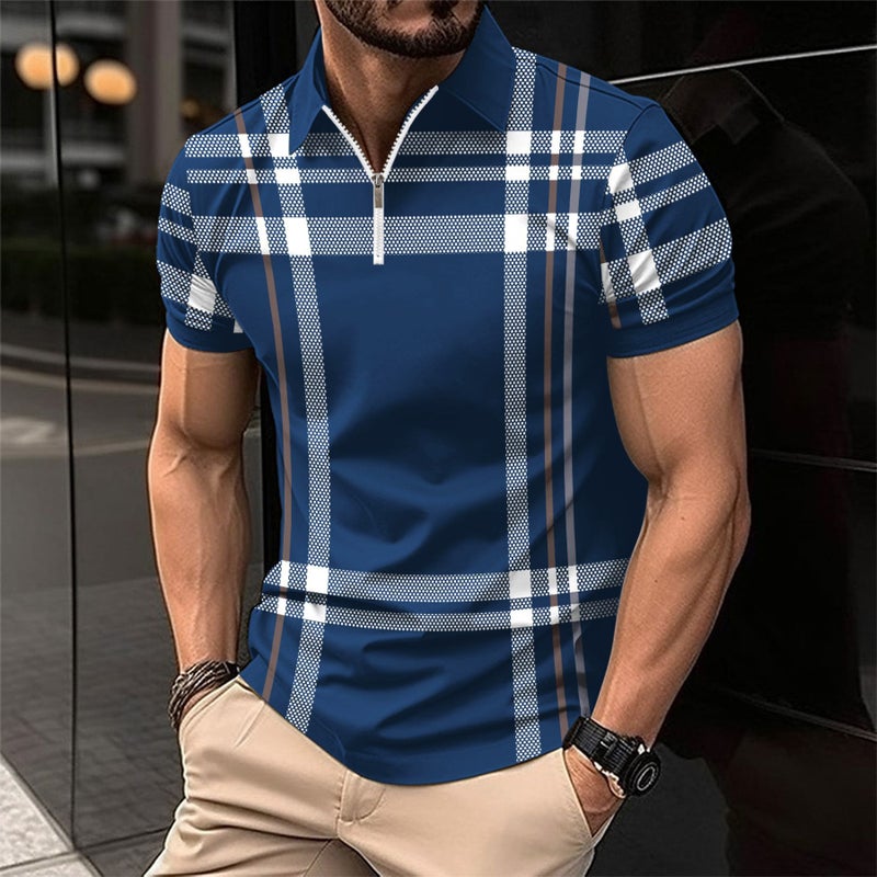2024 Cross-border Summer Quick Sale Amazon Mens Printed Plaid Striped POLO Shirt Zipper Sport Polo Shirt White  - Image 2