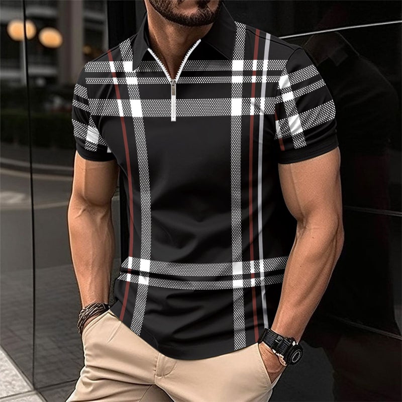 2024 Cross-border Summer Quick Sale Amazon Mens Printed Plaid Striped POLO Shirt Zipper Sport Polo Shirt White  - Image 5