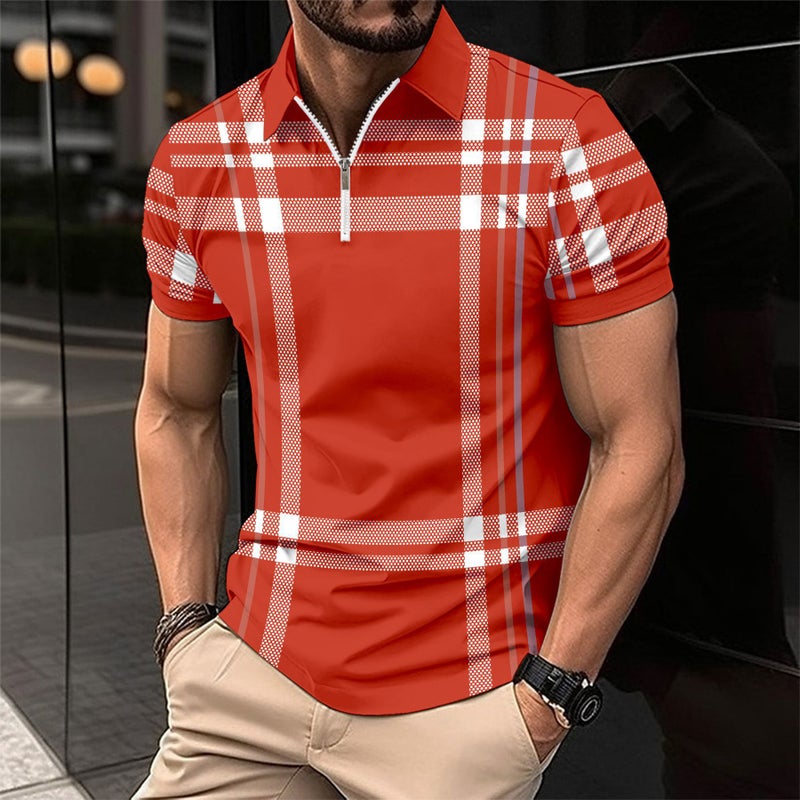 2024 Cross-border Summer Quick Sale Amazon Mens Printed Plaid Striped POLO Shirt Zipper Sport Polo Shirt White  - Image 4