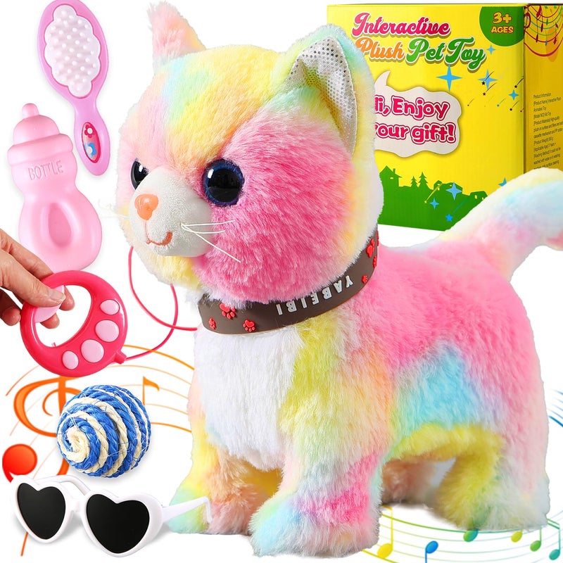 HCdoujoy Colorful Walking Cat for Kids Kitten Toys Girls That Purrs and Meows Animated Plush Robot Kitty with Leash Moving Plush Stuffed Animal Remote Control Singing Robotic Kitty Electronic Pet for Baby - Image 3