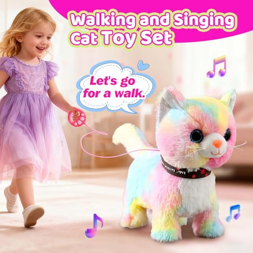 HCdoujoy Colorful Walking Cat for Kids Kitten Toys Girls That Purrs and Meows Animated Plush Robot Kitty with Leash Moving Plush Stuffed Animal Remote Control Singing Robotic Kitty Electronic Pet for Baby - Image 5