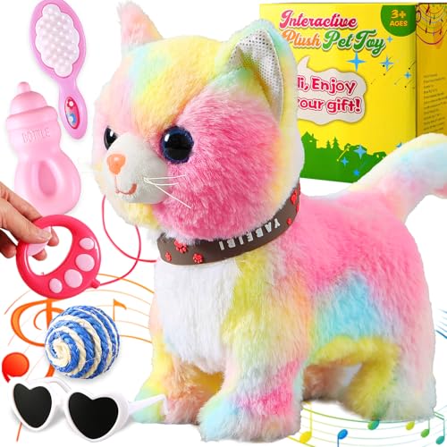 HCdoujoy Colorful Walking Cat for Kids Kitten Toys Girls That Purrs and Meows Animated Plush Robot Kitty with Leash Moving Plush Stuffed Animal Remote Control Singing Robotic Kitty Electronic Pet for Baby - Image 1