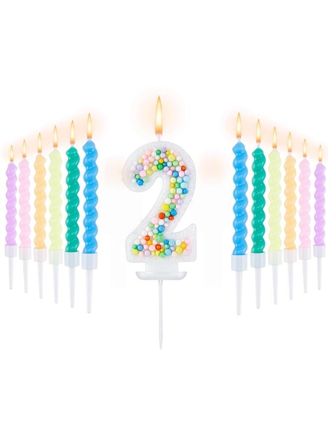LAMAY Happy Birthday Candle, 2 Birthday Candle for Girl-Boy, Including 1PC 3D Candle Number 2, 12 Pcs Macaron Spiral Candles - Image 1