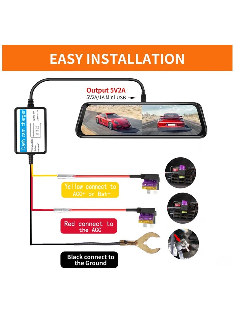 Dash Cam Hardwire Kit Mini USB Hard Wire Kit Fuse for Dashcam and 8 Fuse Tap Cable and Installation Tool 11.5ft 12V-30V to 5V/2A Mini-USB Port Charger Power Cord - Image 3