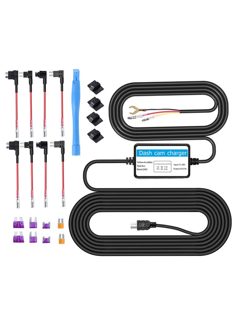 Dash Cam Hardwire Kit Mini USB Hard Wire Kit Fuse for Dashcam and 8 Fuse Tap Cable and Installation Tool 11.5ft 12V-30V to 5V/2A Mini-USB Port Charger Power Cord - Image 1
