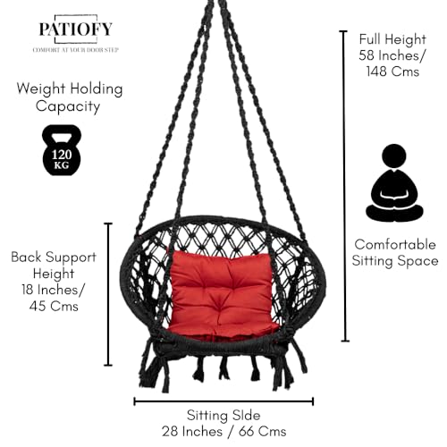 Patiofy Home Swing for Adults & Kids/Suitable for Living Room, Balcony, & Outdoor/Capacity Upto 120 Kgs/Includes Free Hanging Accessories & Cushion/Handmade Jhula with Cotton Rope/Black - Image 2