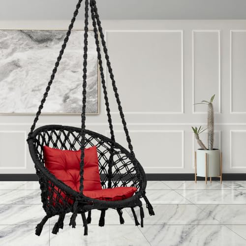 Patiofy Home Swing for Adults & Kids/Suitable for Living Room, Balcony, & Outdoor/Capacity Upto 120 Kgs/Includes Free Hanging Accessories & Cushion/Handmade Jhula with Cotton Rope/Black - Image 1