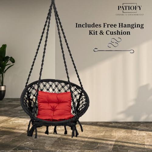 Patiofy Home Swing for Adults & Kids/Suitable for Living Room, Balcony, & Outdoor/Capacity Upto 120 Kgs/Includes Free Hanging Accessories & Cushion/Handmade Jhula with Cotton Rope/Black - Image 5