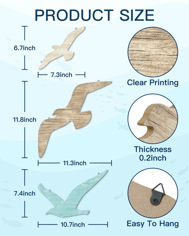 Putuo Decor 3pcs Seagull Wall Decor, Wooden Sea Bird Wall Hanging with Hooks, Ocean Home Decor Indoor Beach Art Decor for Bathroom Beach Room Decor Living Room Lake Decor for Home - Image 2