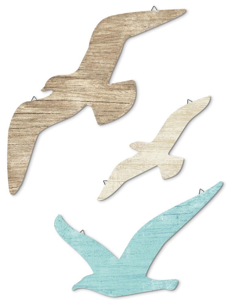 Putuo Decor 3pcs Seagull Wall Decor, Wooden Sea Bird Wall Hanging with Hooks, Ocean Home Decor Indoor Beach Art Decor for Bathroom Beach Room Decor Living Room Lake Decor for Home - Image 1