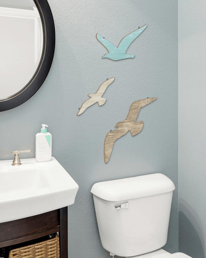 Putuo Decor 3pcs Seagull Wall Decor, Wooden Sea Bird Wall Hanging with Hooks, Ocean Home Decor Indoor Beach Art Decor for Bathroom Beach Room Decor Living Room Lake Decor for Home - Image 4