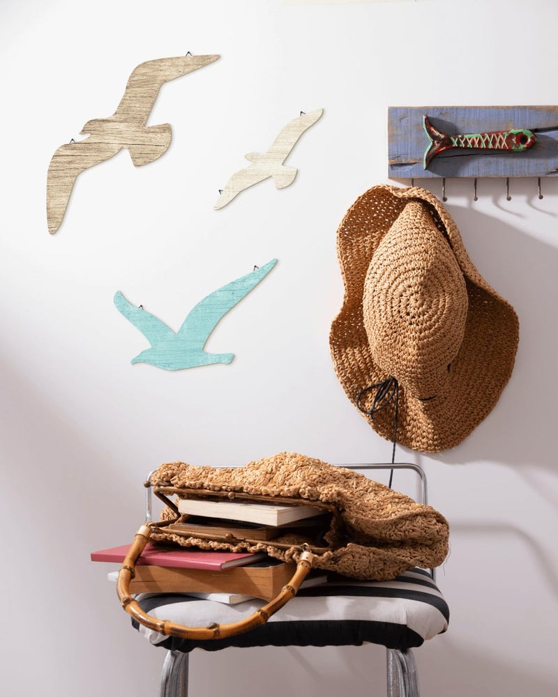 Putuo Decor 3pcs Seagull Wall Decor, Wooden Sea Bird Wall Hanging with Hooks, Ocean Home Decor Indoor Beach Art Decor for Bathroom Beach Room Decor Living Room Lake Decor for Home - Image 3