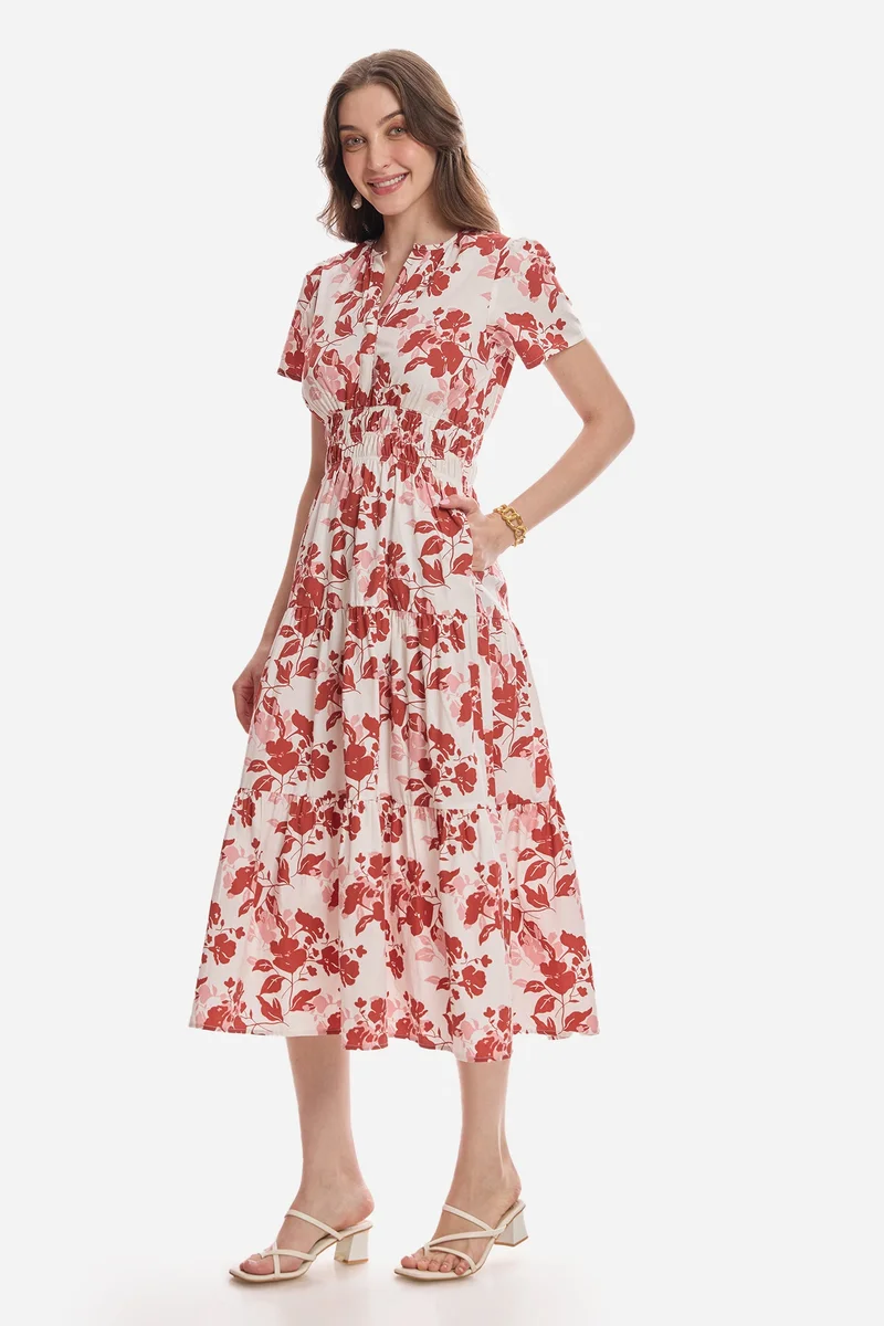 فيرجيو All Over Print Cotton Tiered V-Neck Maxi Dress for Women