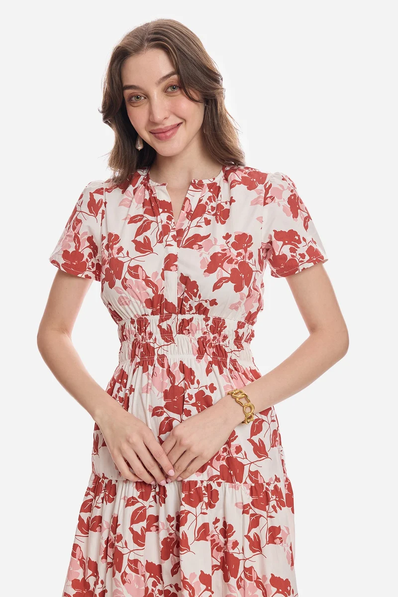 Virgio  All Over Print Cotton Tiered V-Neck Maxi Dress for Women for Women | Best Price UAE