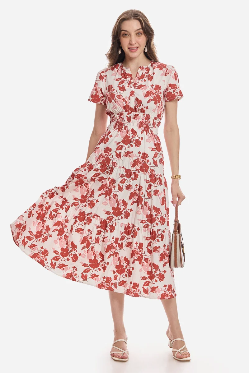 فيرجيو All Over Print Cotton Tiered V-Neck Maxi Dress for Women