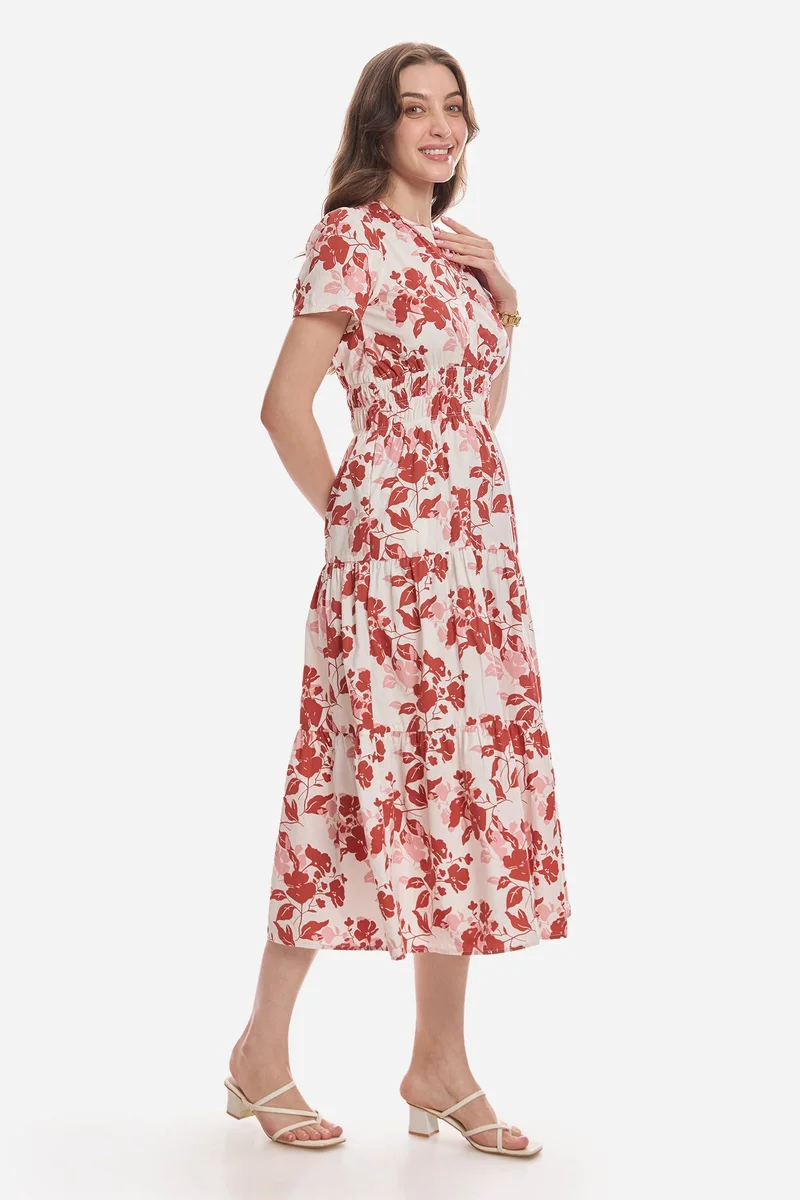 Virgio  All Over Print Cotton Tiered V-Neck Maxi Dress for Women for Women | Best Price UAE