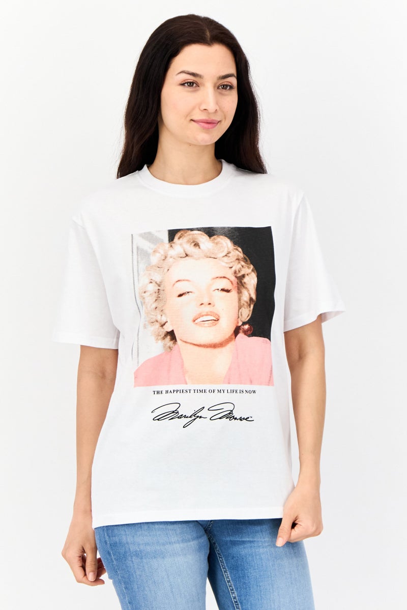Marilyn Monroe Women Oversized Fit Crew Neck Short Sleeves Graphic Print T-Shirt, White - Image 1