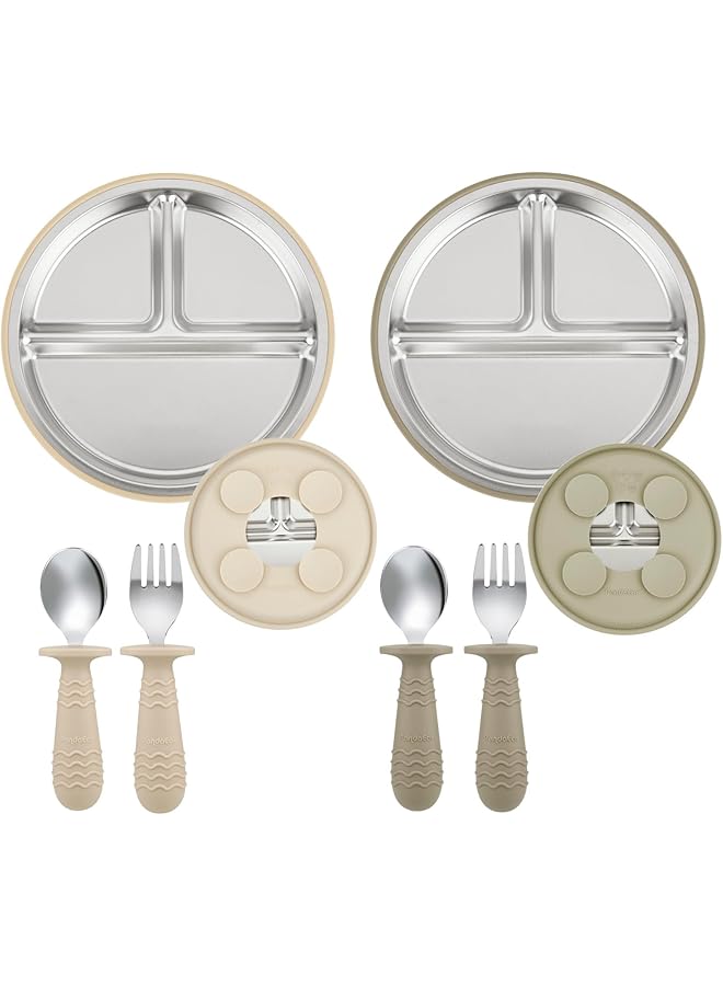 PandaEar 2 Pack Stainless Steel Baby Suction Plates & 2 Pack Spoons And Forks Set Toddler Utensils Baby Feeding Set Divided Plates For Baby Led Weaning Supplies Bpa Free (Tan/Walnut) - Image 1
