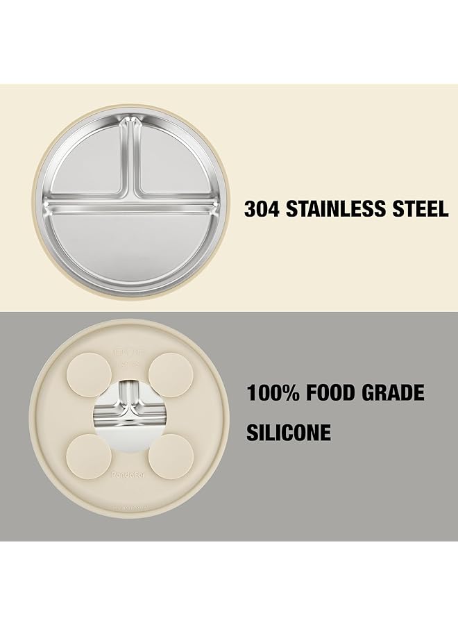 PandaEar 2 Pack Stainless Steel Baby Suction Plates & 2 Pack Spoons And Forks Set Toddler Utensils Baby Feeding Set Divided Plates For Baby Led Weaning Supplies Bpa Free (Tan/Walnut) - Image 3