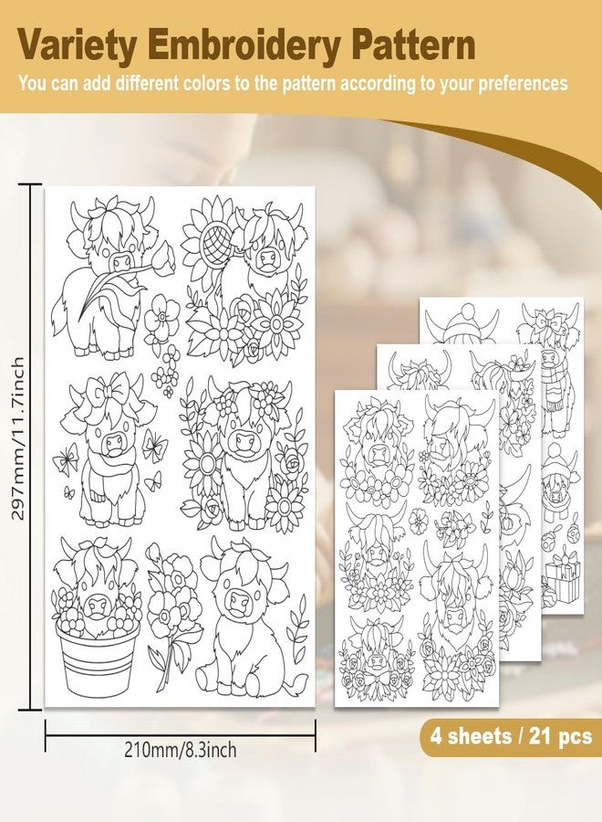 DOODLREAM Highland Cow Flower Water Soluble Hand Sewing Stabilizers 8.3 x 11.7 Inches Stabiliser for Embroidery Pattern with Cute Highland Cow 4 Sheets Embroidery and Stitch Paper with Flower Motif - Image 2