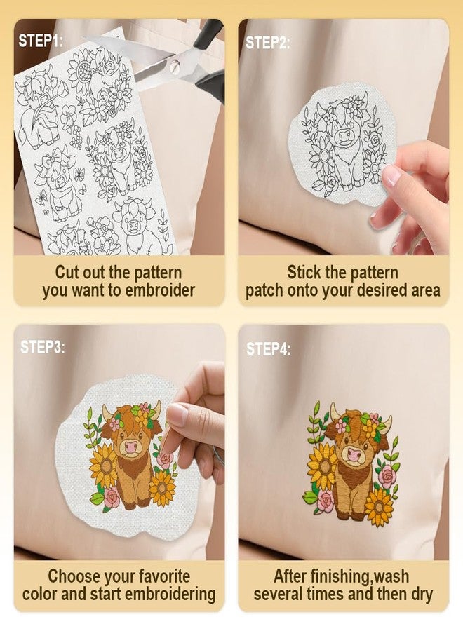 DOODLREAM Highland Cow Flower Water Soluble Hand Sewing Stabilizers 8.3 x 11.7 Inches Stabiliser for Embroidery Pattern with Cute Highland Cow 4 Sheets Embroidery and Stitch Paper with Flower Motif - Image 4