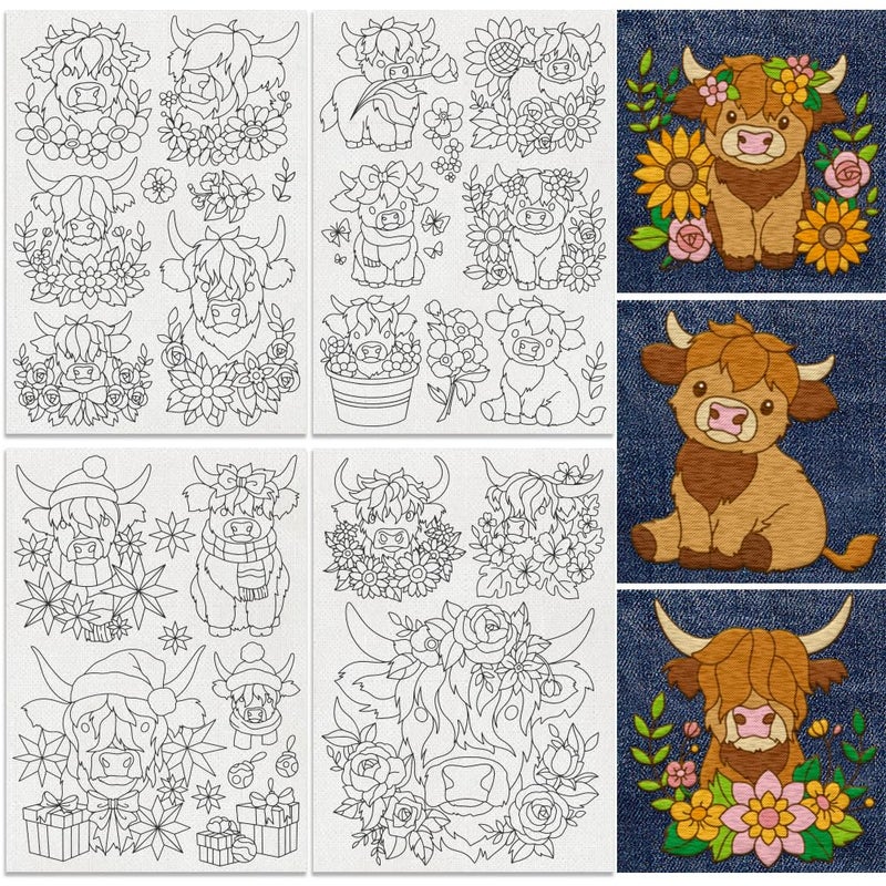 DOODLREAM Highland Cow Flower Water Soluble Hand Sewing Stabilizers 8.3 x 11.7 Inches Stabiliser for Embroidery Pattern with Cute Highland Cow 4 Sheets Embroidery and Stitch Paper with Flower Motif - Image 1