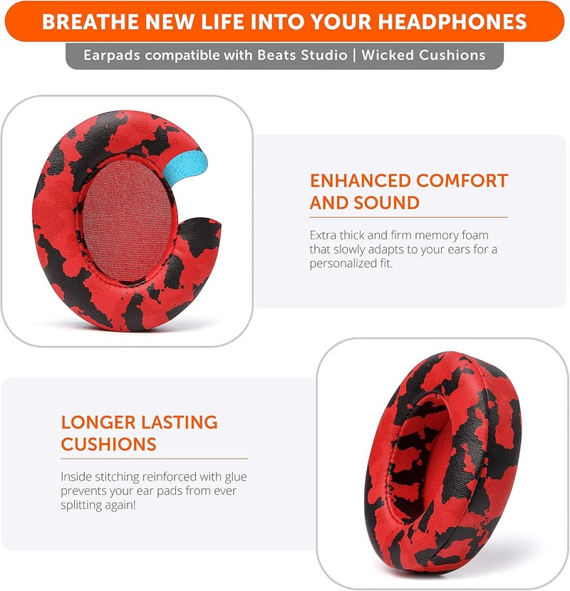 WC Wicked Cushions Replacement Ear Pads for Beats Studio 2 & 3 (B0501, B0500) Wired & Wireless | Does NOT Fit Beats Solo | Softer PU Leather, Enhanced Foam & Stronger Adhesive | Red Camo - Image 4