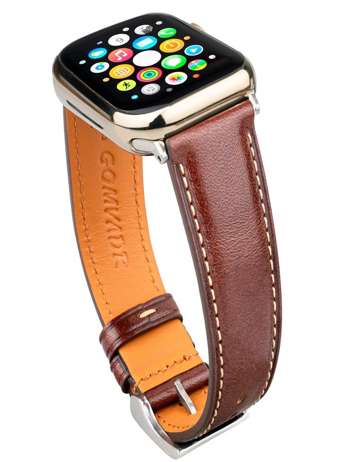 Gomvadr Leather Bands Compatible with Men's Apple Watch Band 42mm 44mm 45mm, Replacement Leather Strap for Mens iWatch Series 9 8 7 6 5 4 3 2 1 SE3/2/1 (Brown/Silver Buckle) - Image 1