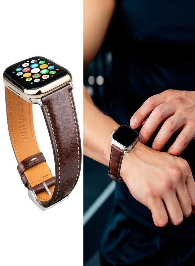 Gomvadr Leather Bands Compatible with Men's Apple Watch Band 42mm 44mm 45mm, Replacement Leather Strap for Mens iWatch Series 9 8 7 6 5 4 3 2 1 SE3/2/1 (Brown/Silver Buckle) - Image 3