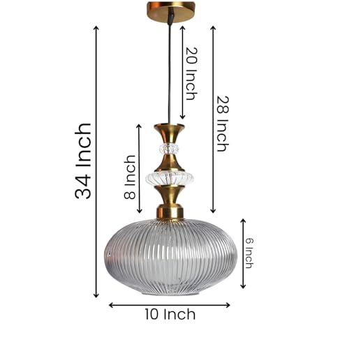 ELIANTE Povque Vintage Hanging Pendant Light | Gold Finish Iron with Grey Glass Shade | E27 Holder | Decorative Ceiling Light for Living Room, Dining & Bar | Free Bulb Included | 3 Years Warranty - Image 3