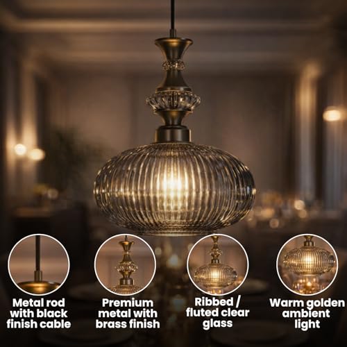 ELIANTE Povque Vintage Hanging Pendant Light | Gold Finish Iron with Grey Glass Shade | E27 Holder | Decorative Ceiling Light for Living Room, Dining & Bar | Free Bulb Included | 3 Years Warranty - Image 5