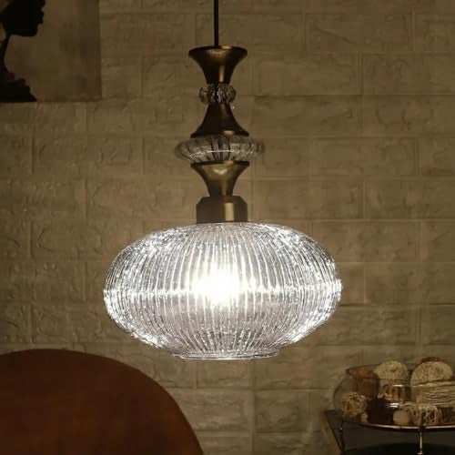 ELIANTE Povque Vintage Hanging Pendant Light | Gold Finish Iron with Grey Glass Shade | E27 Holder | Decorative Ceiling Light for Living Room, Dining & Bar | Free Bulb Included | 3 Years Warranty - Image 2